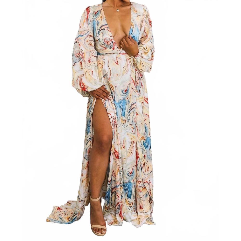 NEW SURELYMINE marble swirl kimono maxi dress with slits boho resort style in mu - Picture 2 of 10